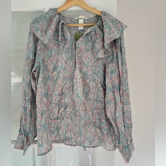 H&M Women's Floral Multi-Color Long Sleeve Ruffle Tie Neck Detail Blouse Size M - Picture 1 of 4